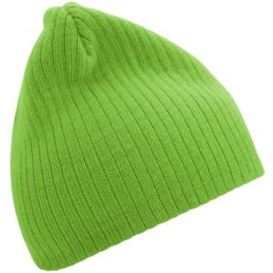 A bright green ribbed beanie with a soft texture, featuring a rounded top. It has a branding logo.