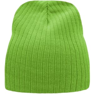 A bright green ribbed beanie with a snug fit and textured fabric. It features a logo.