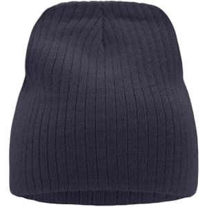 A ribbed beanie in a dark navy colour with a soft texture and a fitted design. It features a branding label.