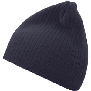 A navy ribbed beanie with a rounded top and a logo.