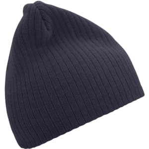 A navy ribbed beanie with a soft knit texture and a simple design. It features a small logo on the side.