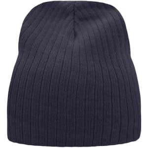 A navy ribbed beanie with a soft texture and a simple design. It features a logo on one side.