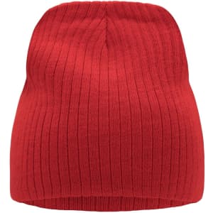 A red ribbed beanie with a fitted design and a soft texture, featuring a logo on the side.