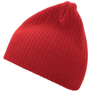 A red ribbed beanie is displayed, featuring a snug fit and a textured surface. It has a small branding logo.
