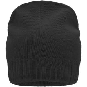 A black knitted beanie with a fleece inset, featuring a ribbed cuff and a smooth top.