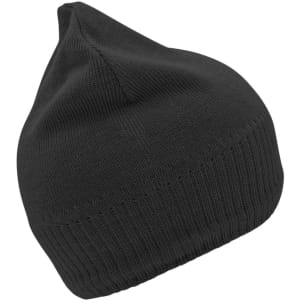 A black knitted beanie with a fleece inset, featuring a snug fit and ribbed design.