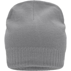 A grey knitted beanie with a fleece inset, featuring a ribbed edge and a branding logo.