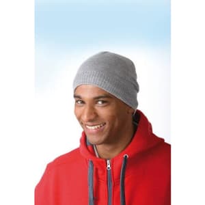 A grey knitted beanie featuring a fleece inset, worn by a smiling man in a red hoodie.