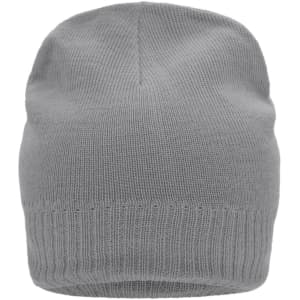 A grey knitted beanie with a fleece inset, featuring a ribbed cuff and a seamless design.