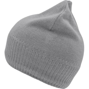 A grey knitted beanie with a fleece inset, featuring a snug fit and a tapered top.