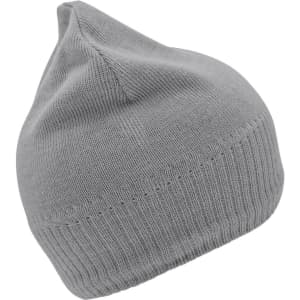 A grey knitted beanie with a fleece inset, featuring a logo.