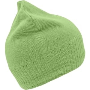 A green knitted beanie featuring a fleece inset and a logo. The beanie has a pointed top.