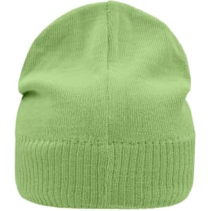 A green knitted beanie with a fleece inset, featuring a snug fit and ribbed texture.