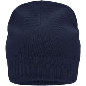 A knitted beanie in navy blue featuring a fleece inset on the inside. The beanie has a ribbed band at the bottom.