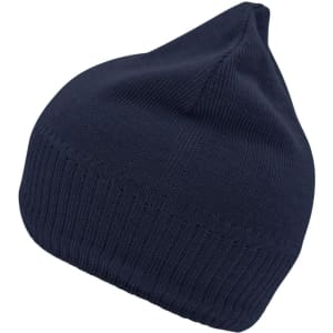 A navy knitted beanie with a fleece inset, featuring a snug fit and a tapered top. It has a logo on it.