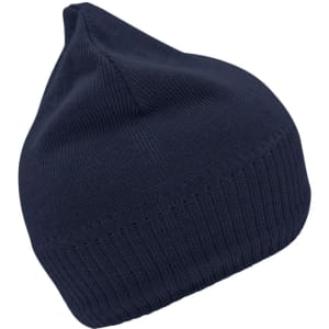 A navy knitted beanie with a fleece inset, featuring a textured design and a snug fit.
