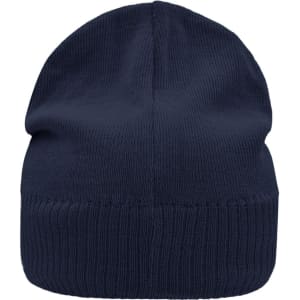 A navy knitted beanie featuring a fleece inset, displayed from the back. It has a ribbed texture and a logo.