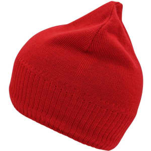 A red knitted beanie with a fleece inset, featuring a seamless top and ribbed brim. It has a logo on it.
