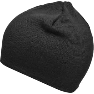 A black cotton beanie with a snug fit, featuring a simple knitted texture. Logo present on the product.