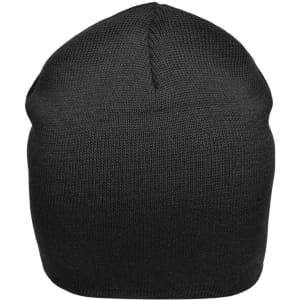 A black cotton beanie featuring a seamless design and a single-colour finish. It has a simple branding logo.