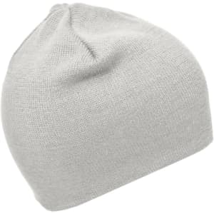 A cotton beanie in a light grey shade with a simple design. It features a logo on the side.