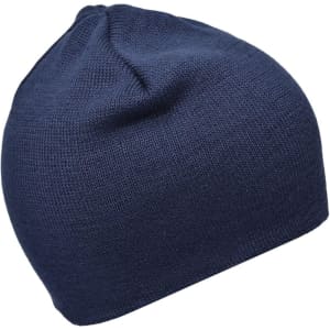 A cotton beanie in navy blue with a simple, seamless design and a rounded crown.