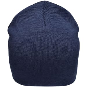 A navy cotton beanie with a snug fit, featuring a simple design and a seamless top.