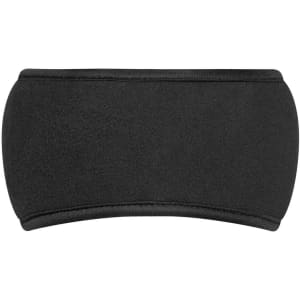 A black Thinsulate™ headband with a smooth fabric finish and a curved design. It has a logo on it.