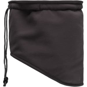 A black Thinsulate™ neck warmer with an adjustable drawstring and tapered design. It features a logo on the fabric.