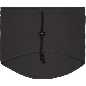 A black Thinsulate™ neckwarmer with a drawstring closure and rounded bottom edge. It features a logo.
