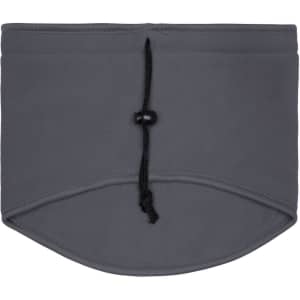 A grey Thinsulate™ neck warmer with a drawstring for adjustability. It has a smooth texture and rounded bottom edges.