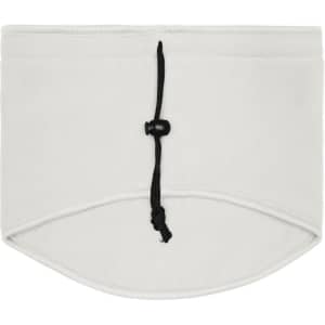 A white Thinsulate™ neckwarmer with a black drawstring and toggles, designed for warmth and comfort.