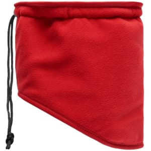 A red Thinsulate™ neckwarmer with a drawstring for adjustable fit, made from soft fleece material.