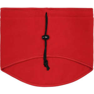 A red Thinsulate™ neckwarmer with a drawstring for adjustment, featuring a simple design and a logo.