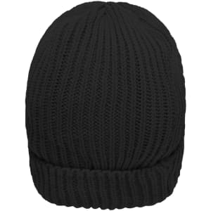 A warm knitted beanie in black colour, featuring a ribbed design and a fold-over brim.