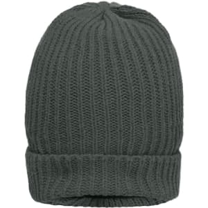 A warm knitted beanie in dark grey featuring a ribbed texture. The beanie has a simple, unadorned design.
