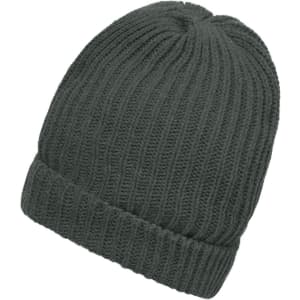 A warm knitted beanie in a deep grey colour with a ribbed texture and folded cuff. It features a logo.