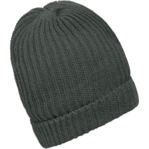 A dark grey knitted beanie with a ribbed texture and a turned-up cuff, featuring a logo.