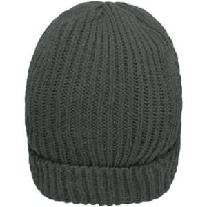 A warm knitted beanie in a dark grey colour with a ribbed texture and folded brim. It features a logo.