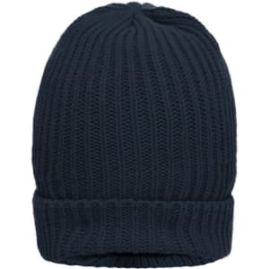 A dark navy knitted beanie with a ribbed design and a folded cuff. It features a logo on the side.