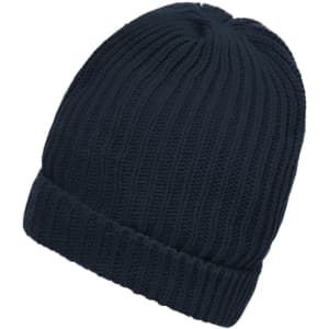 A warm knitted beanie in dark navy, featuring a ribbed texture and folded cuff. It has a logo on one side.