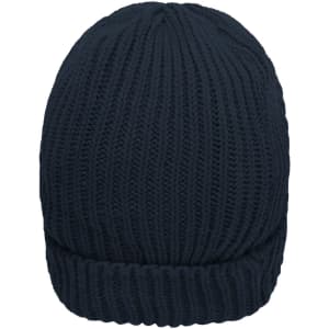A warm knitted beanie in dark navy, featuring a ribbed texture and a fold-over cuff. It has a logo on the side.