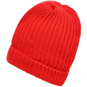 A red knitted beanie with a ribbed texture and fold-up brim. It has a branding logo on it.