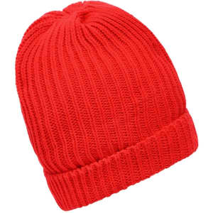 A warm knitted beanie in vibrant red, featuring a textured ribbed design and a folded cuff.
