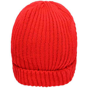 A red knitted beanie with a ribbed texture and a folded brim. The beanie features a simple design.