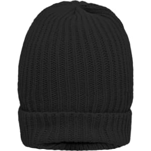 A warm knitted beanie in solid black with a ribbed texture. The beanie has a folded cuff design.