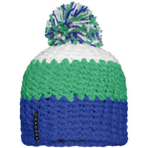 A knitted beanie with a pompon, featuring green, white, and blue stripes, and a small logo tag.