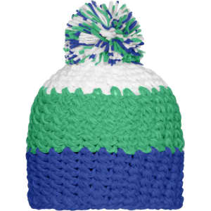 A beanie with a pompon, featuring green, white, and blue stripes in a knitted design. It has a colourful pompon on top.