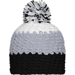 A beanie with a pompon, featuring grey, white, and black colours. The beanie has a textured pattern and a round pompon on top.