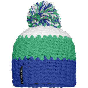 A beanie with a pompon, featuring green, white, and blue colours, and a logo tag.